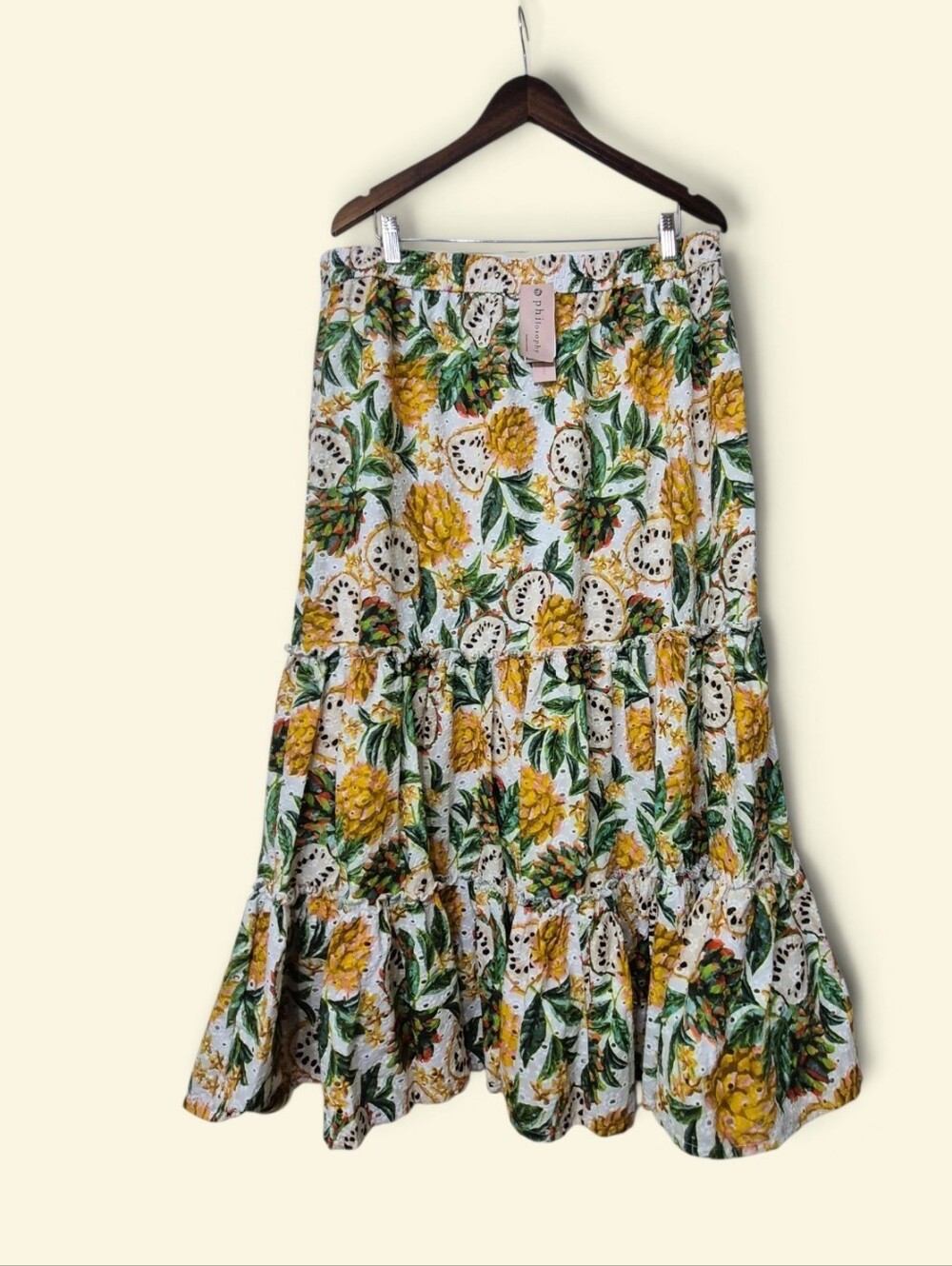 Philosophy Republic Clothing Tropical Yellow Fruit Tiered Cotton Maxi Skirt XL